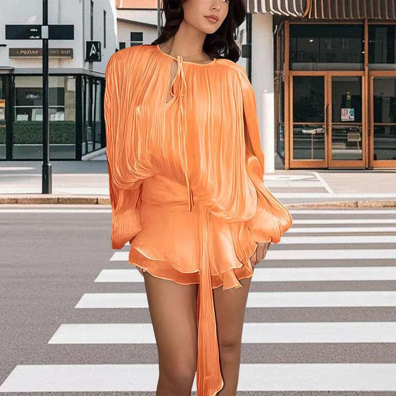 Dropped Waist Ruffled Long Sleeve Minidress