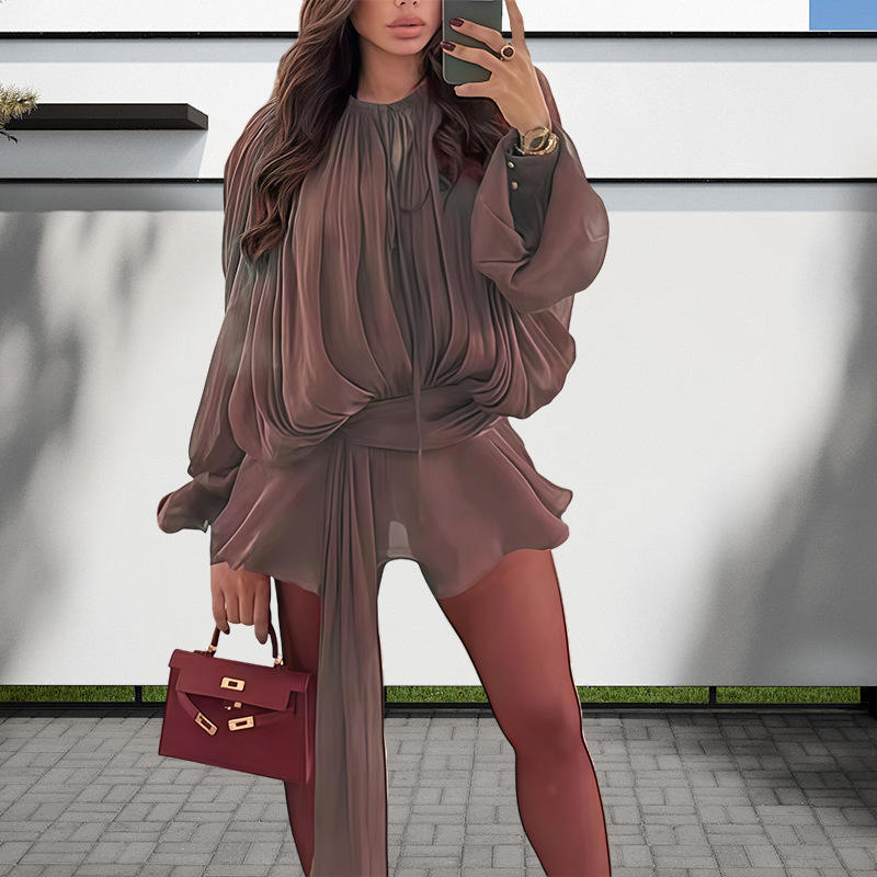 Dropped Waist Ruffled Long Sleeve Minidress