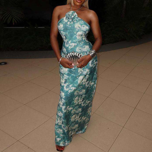 Summer Casual Floral Halter Backless Maxi Dress