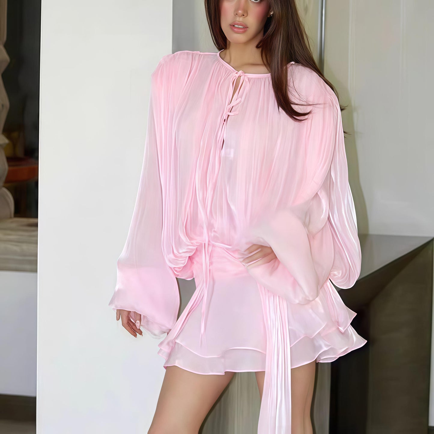 Dropped Waist Ruffled Long Sleeve Minidress