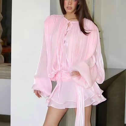 Dropped Waist Ruffled Long Sleeve Minidress